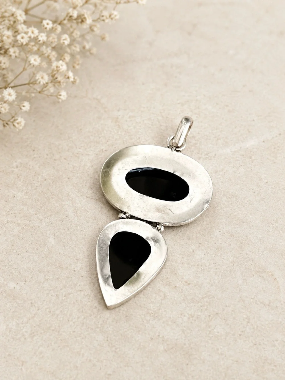 Double Natural Black Onyx Gemstone 2.5” 925 Silver Pendant